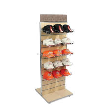 Sturdy Freestanding Slatwall Bamboo Wood Double Side Metal Holder Hat Cap Point Of Display Shelf